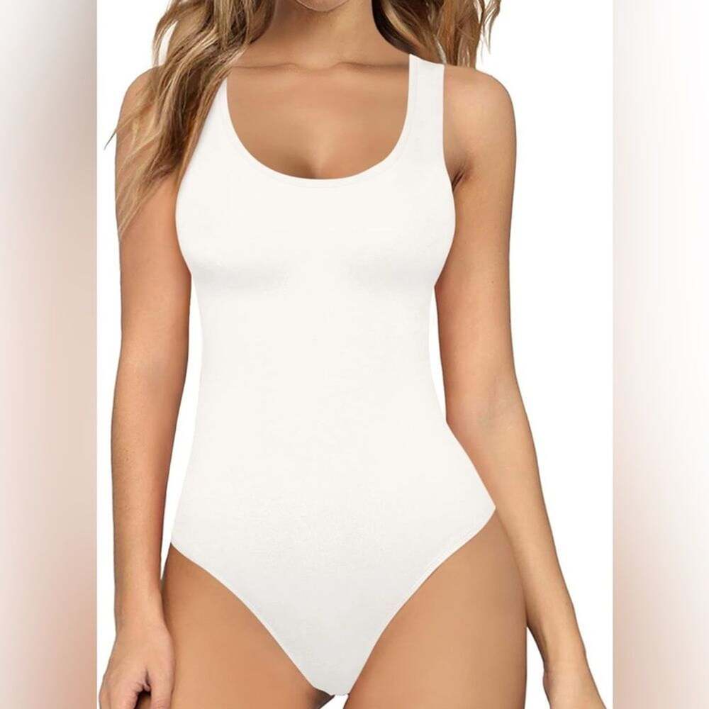 Mangopop Scoop Neck Sleeveless Tank Top Sexy Bodysuit Size M White (270)